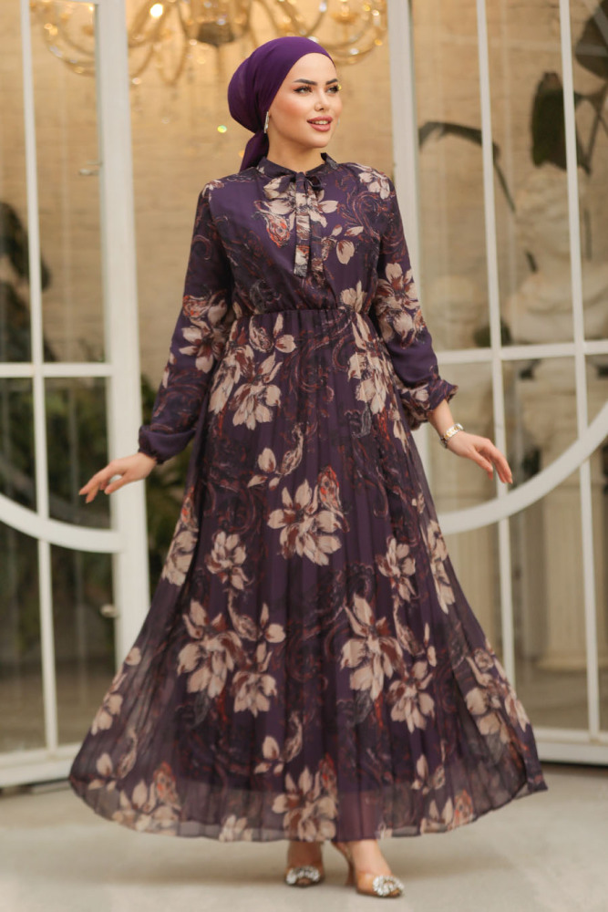 Modest Dark Purple Chiffon Floral Dresses 50355KMOR - 3