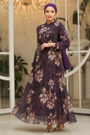 Modest Dark Purple Chiffon Floral Dresses 50355KMOR - 1