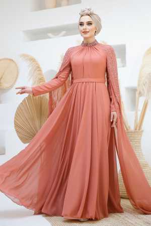 Modest Dark Salmon Pink Bridesmaid Dress 47381KSMN - 3