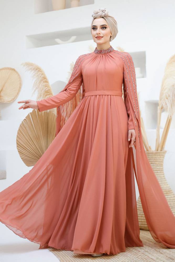 Modest Dark Salmon Pink Bridesmaid Dress 47381KSMN - 3