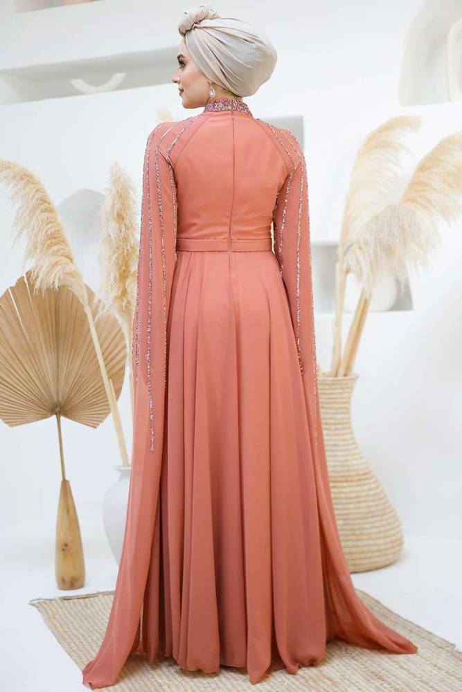 Modest Dark Salmon Pink Bridesmaid Dress 47381KSMN - 5
