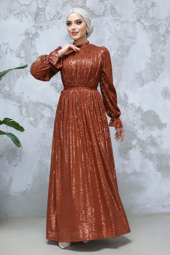 Modest Dark Terra Cotta Evening Gown With Long Sleeve 44961KKRMT - 1