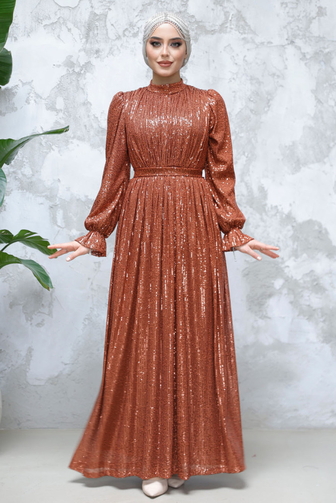 Modest Dark Terra Cotta Evening Gown With Long Sleeve 44961KKRMT - 2