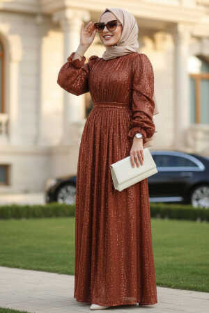 Modest Dark Terra Cotta Evening Gown With Long Sleeve 44961KKRMT - 1