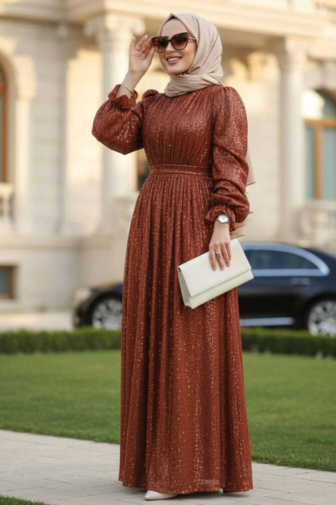 Modest Dark Terra Cotta Evening Gown With Long Sleeve 44961KKRMT - 1