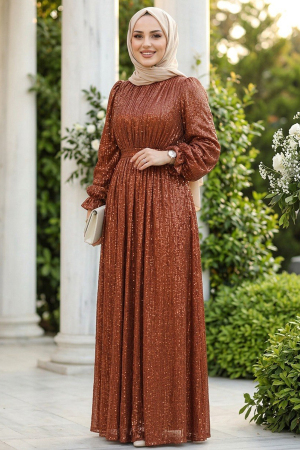 Modest Dark Terra Cotta Evening Gown With Long Sleeve 44961KKRMT - 1