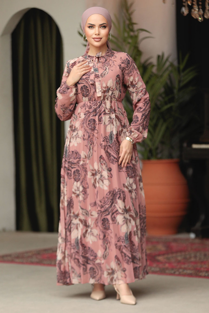 Modest Dusty Rose Chiffon Floral Dresses 50355GK - 2