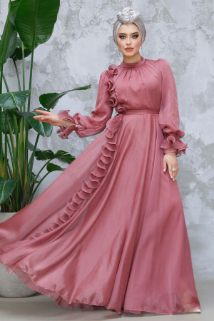 Modest Dusty Rose Evening Long Dress 48571GK - 1