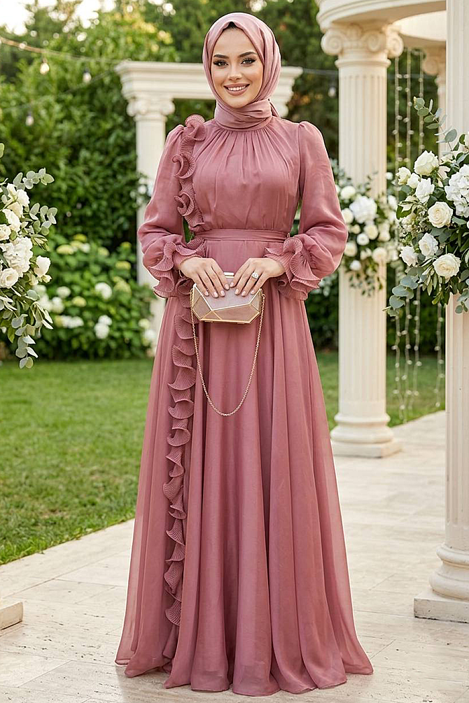 Modest Dusty Rose Evening Long Dress 48571GK - 1