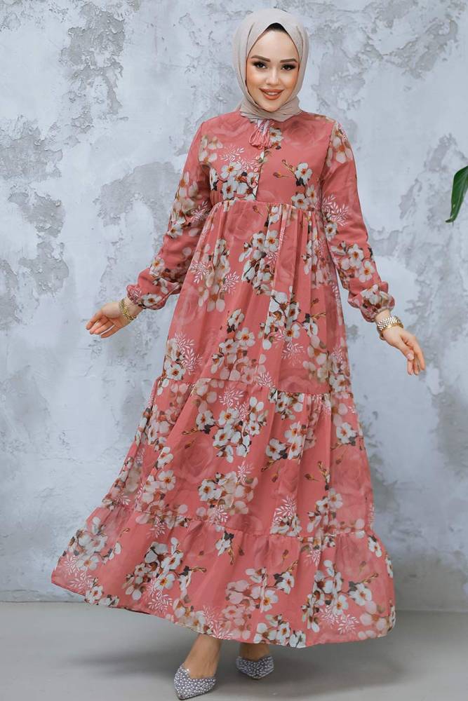 Modest Dusty Rose Floral Long Dress 22053GK - 1