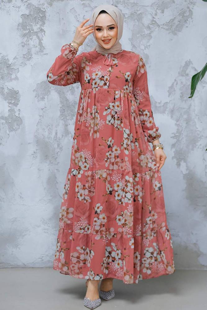 Modest Dusty Rose Floral Long Dress 22053GK - 2