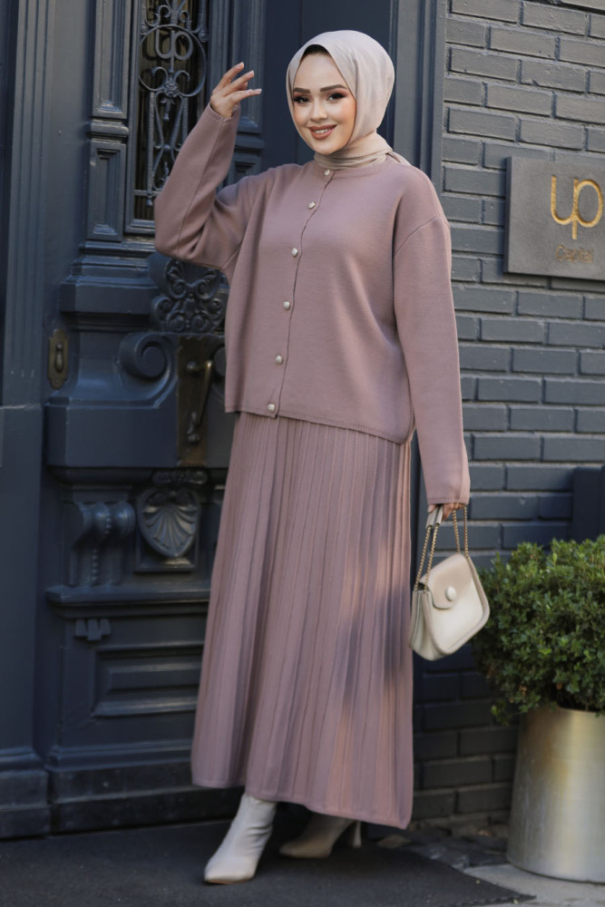 Modest Dusty Rose Knitwear Skirted Dual Suit 40013GK - 2