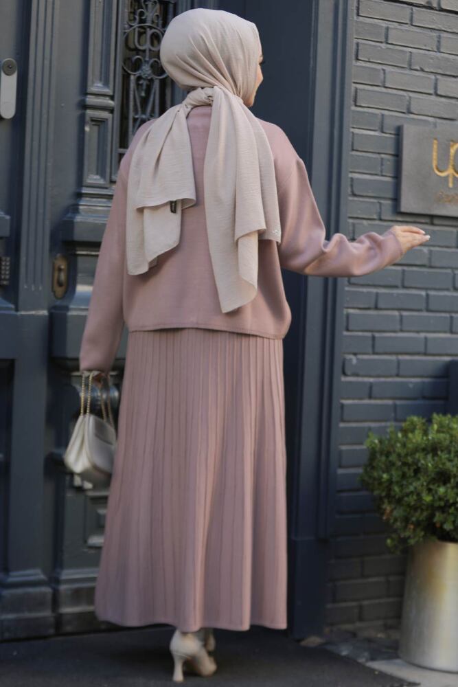 Modest Dusty Rose Knitwear Skirted Dual Suit 40013GK - 3
