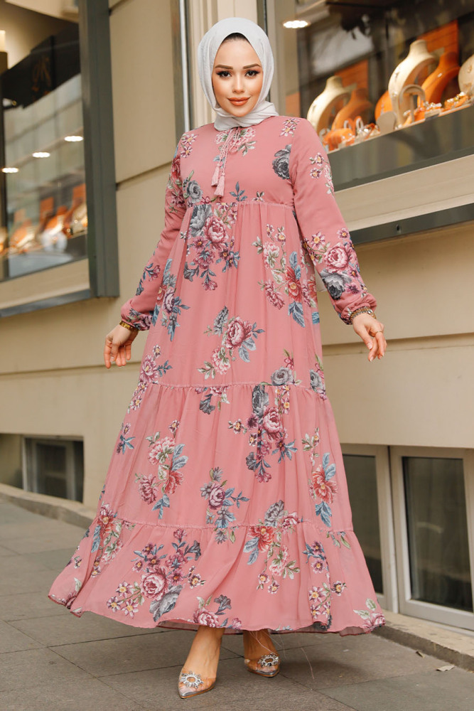 Modest Dusty Rose Long Floral Dress 22052GK - 1