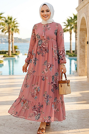 Modest Dusty Rose Long Floral Dress 22052GK - 1