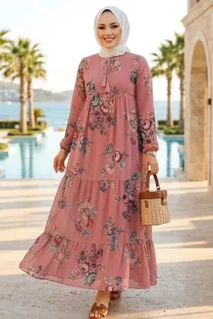 Modest Dusty Rose Long Floral Dress 22052GK - 1