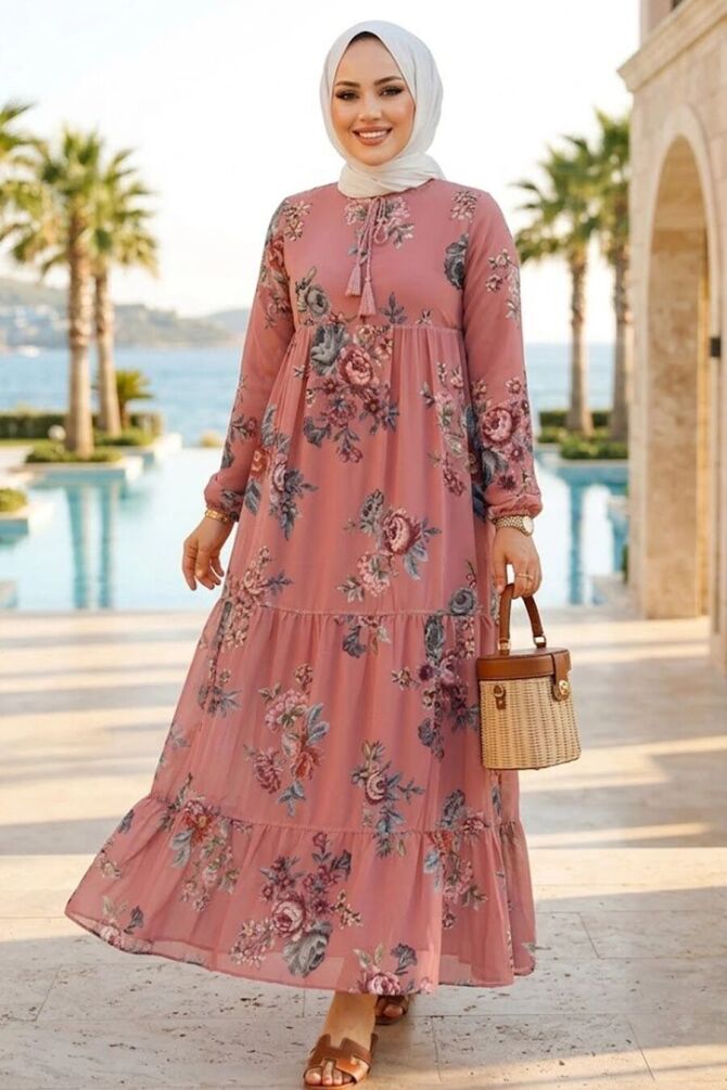 Modest Dusty Rose Long Floral Dress 22052GK - 1