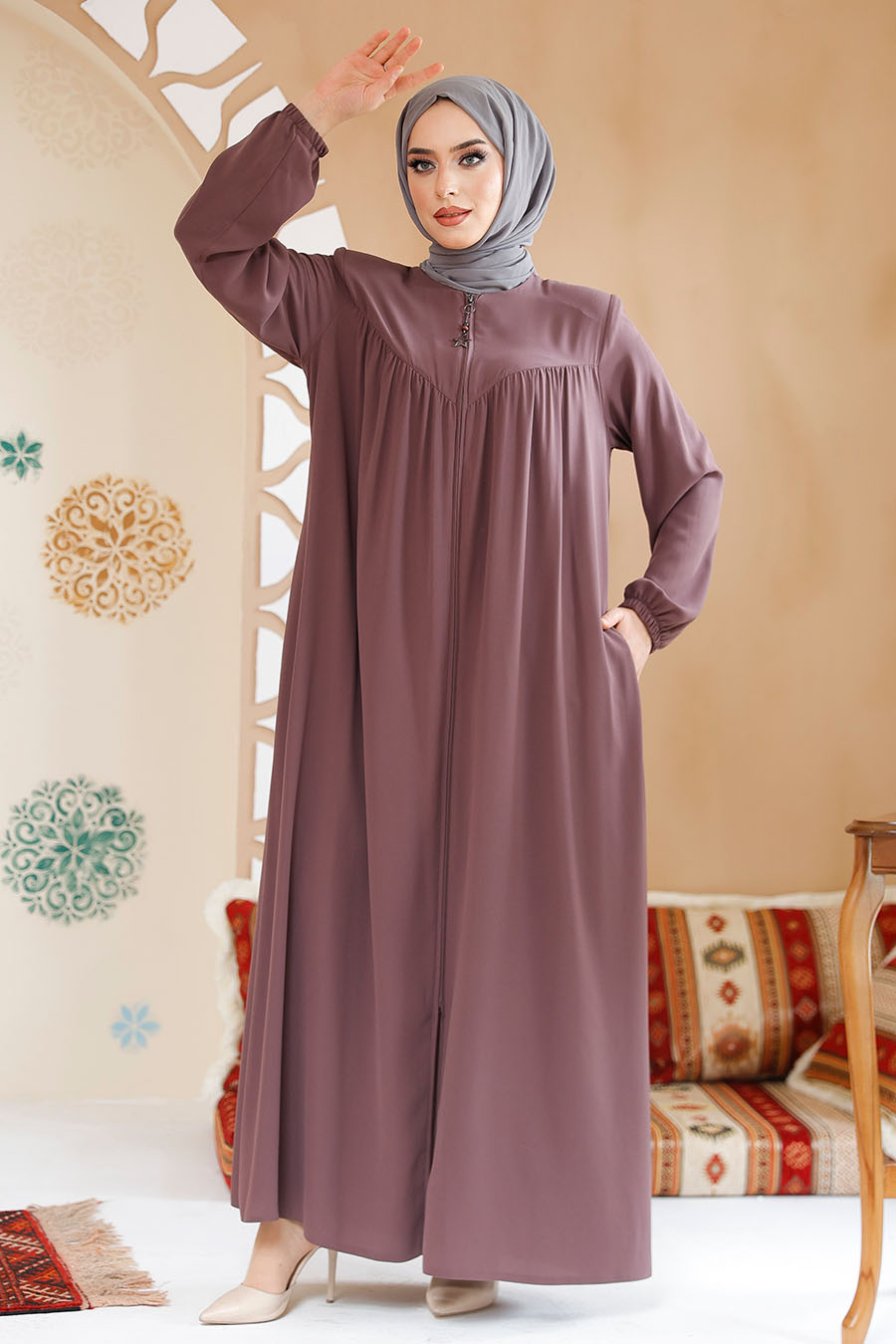 Modest Dusty Rose Plus Size Abaya 45285GK - 3