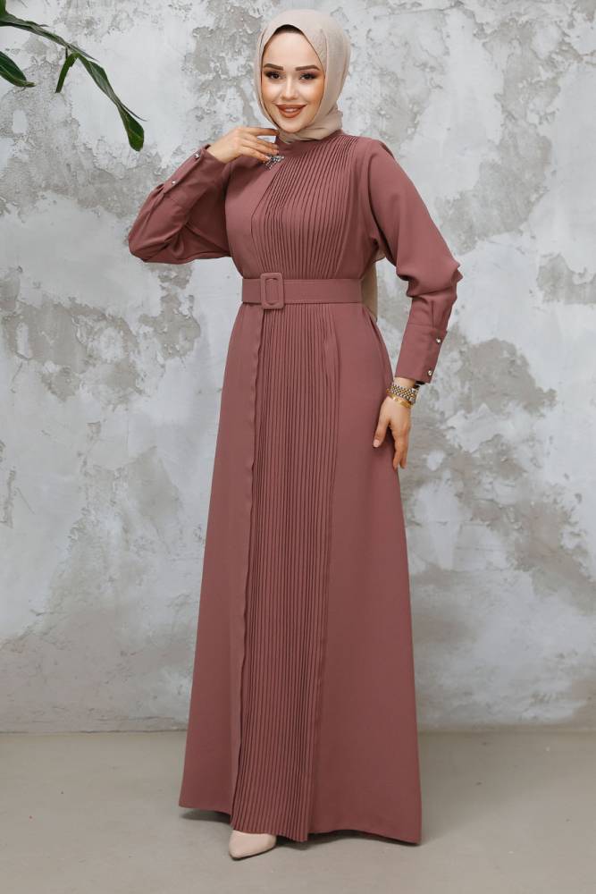 Modest Dusty Rose Plus Size Pleated Dress 65879GK - 1