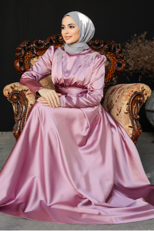 Modest Dusty Rose Satin Bridesmaid Dress 25880GK - 4