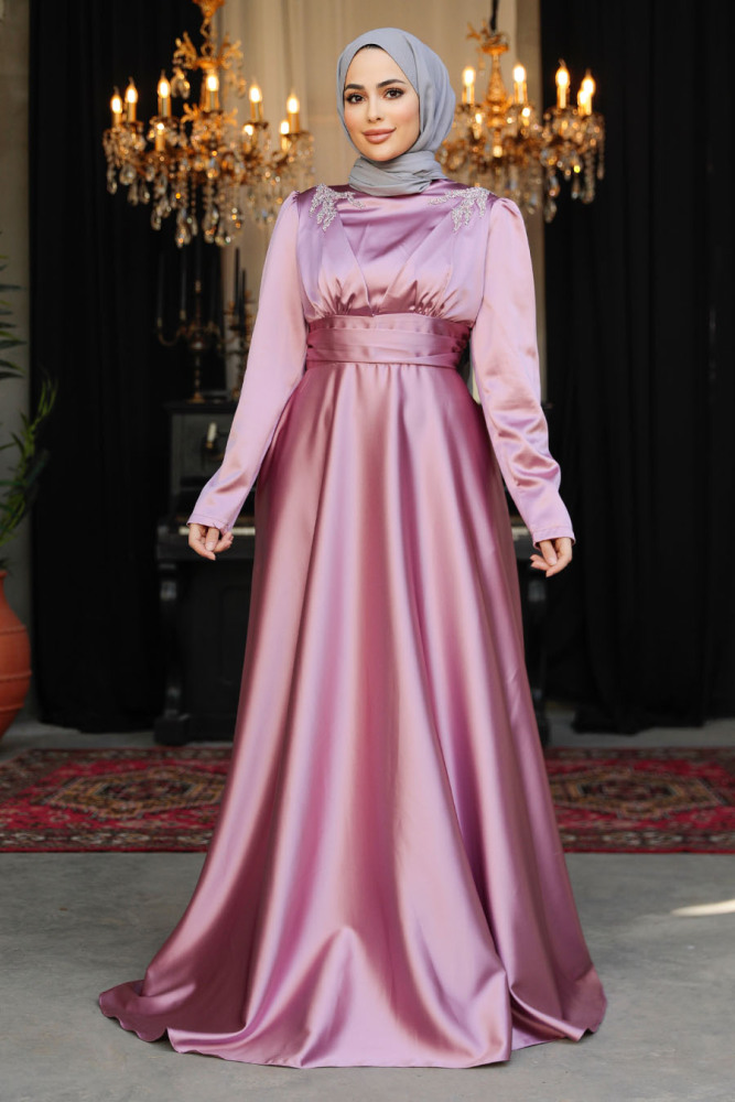 Modest Dusty Rose Satin Bridesmaid Dress 25880GK - 2