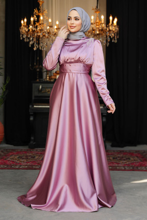 Modest Dusty Rose Satin Bridesmaid Dress 25880GK - 3