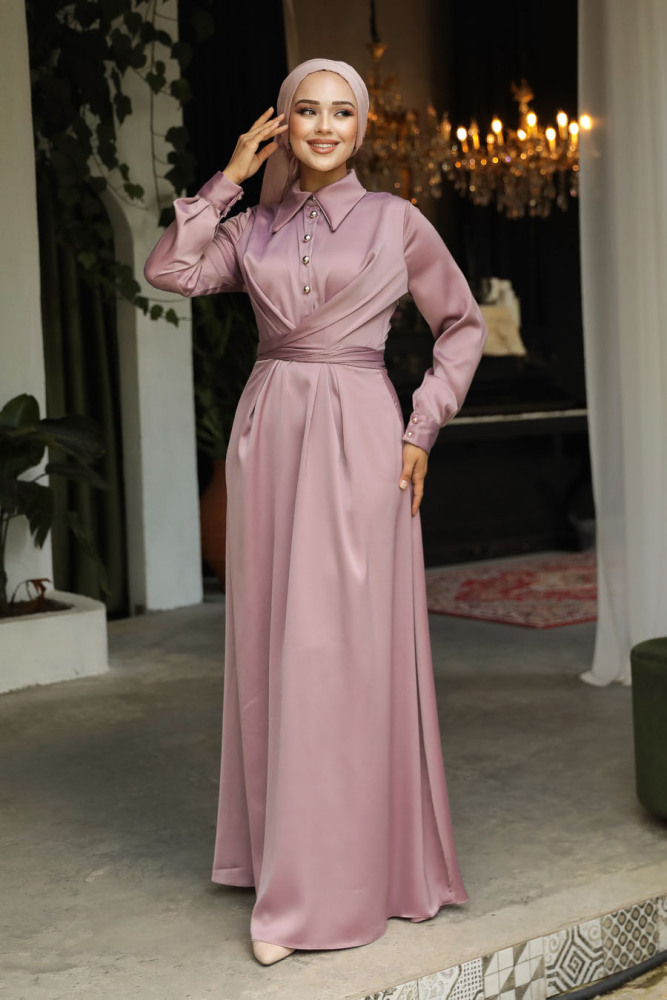 Modest Dusty Rose Satin Dress 45661GK - 1