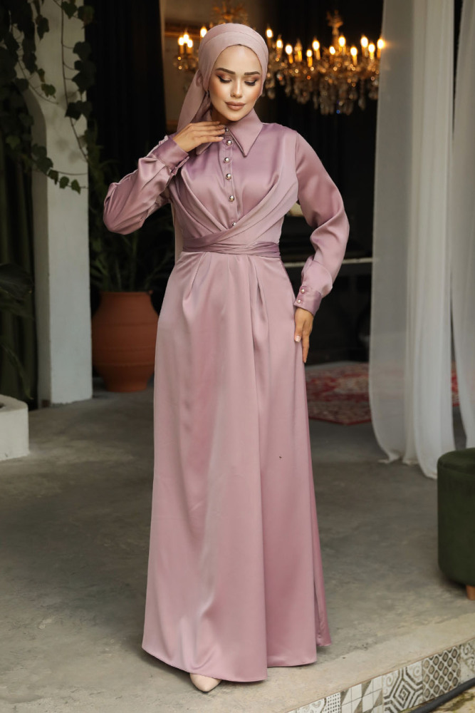 Modest Dusty Rose Satin Dress 45661GK - 2
