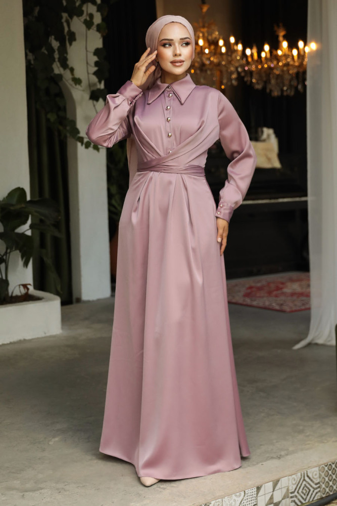Modest Dusty Rose Satin Dress 45661GK - 3