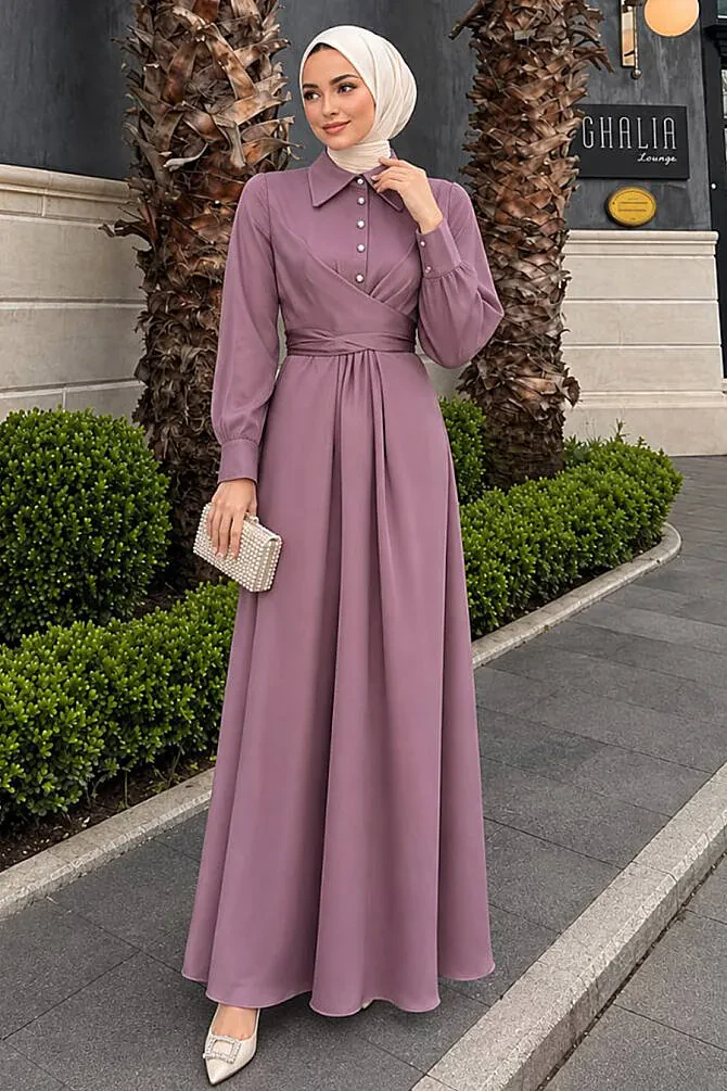 Modest Dusty Rose Satin Dress 45661GK - 1