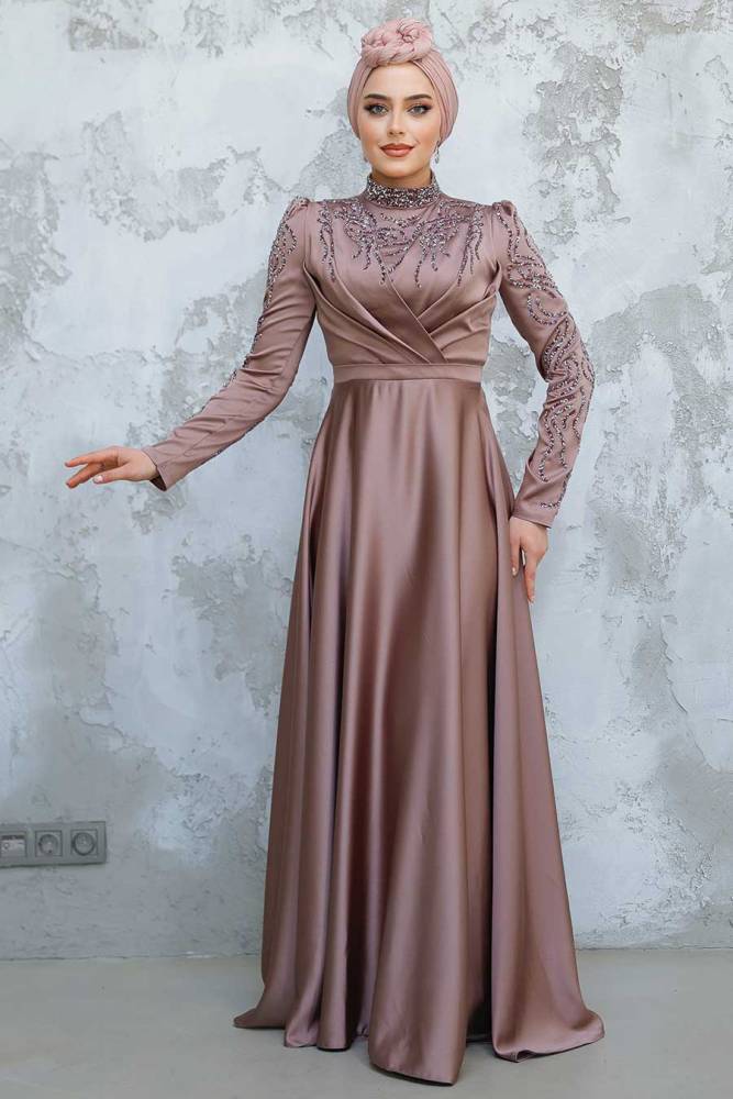 Modest Dusty Rose Satin Evening Dress 4433GK - 2