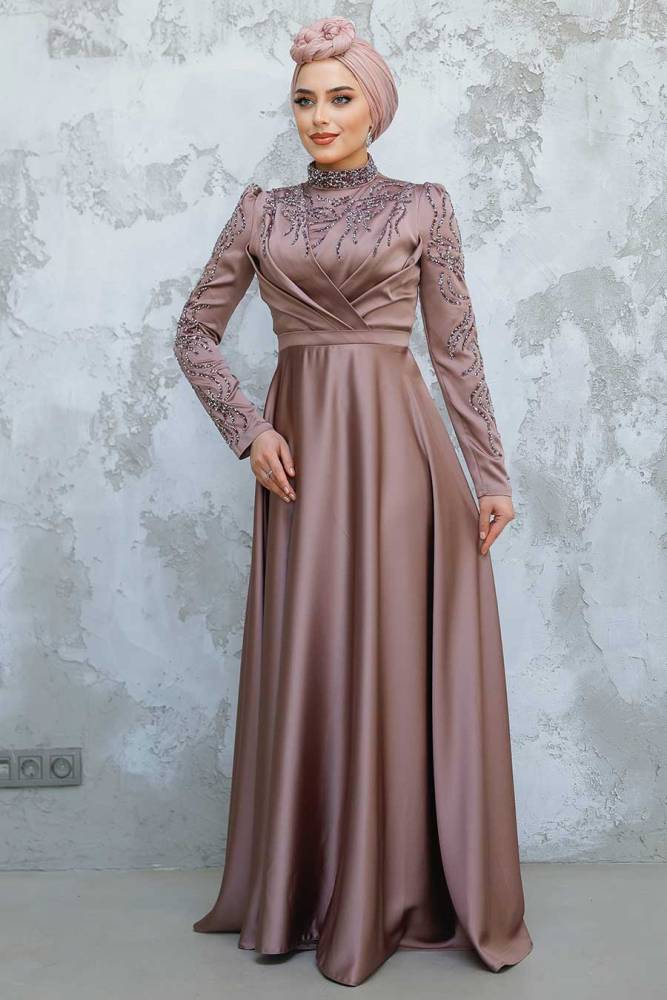 Modest Dusty Rose Satin Evening Dress 4433GK - 1