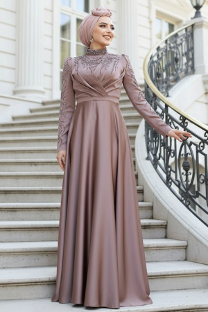 Modest Dusty Rose Satin Evening Dress 4433GK - 1