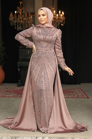 Modest Dusty Rose Satin Evening Dress 45961GK - 1