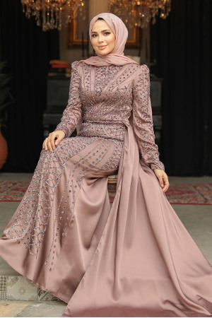 Modest Dusty Rose Satin Evening Dress 45961GK - 4