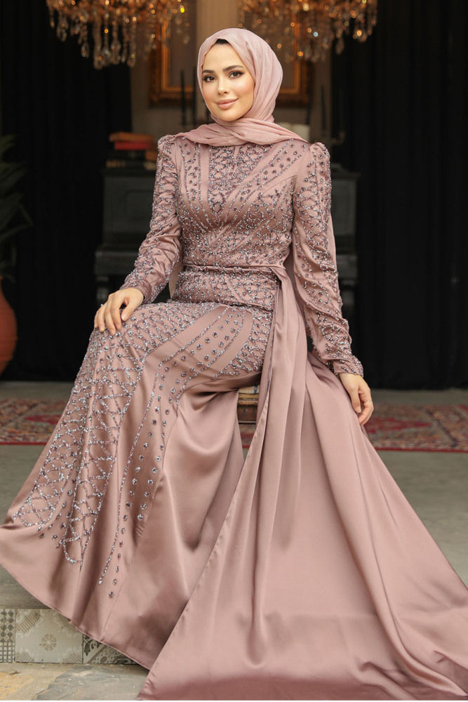 Modest Dusty Rose Satin Evening Dress 45961GK - 4
