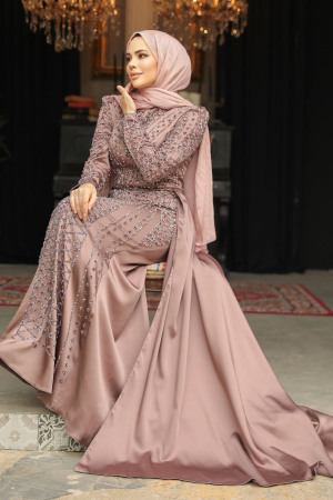Modest Dusty Rose Satin Evening Dress 45961GK - 5