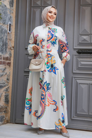 Modest Ecru Floral Dress 23441E - 1