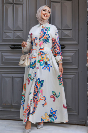 Modest Ecru Floral Dress 23441E - 2