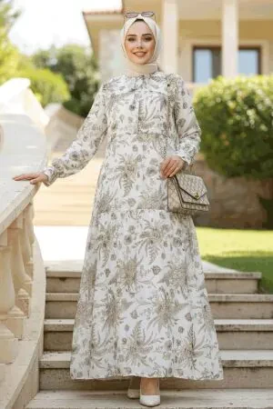 Modest Ecru Floral Dress 23603E - 1