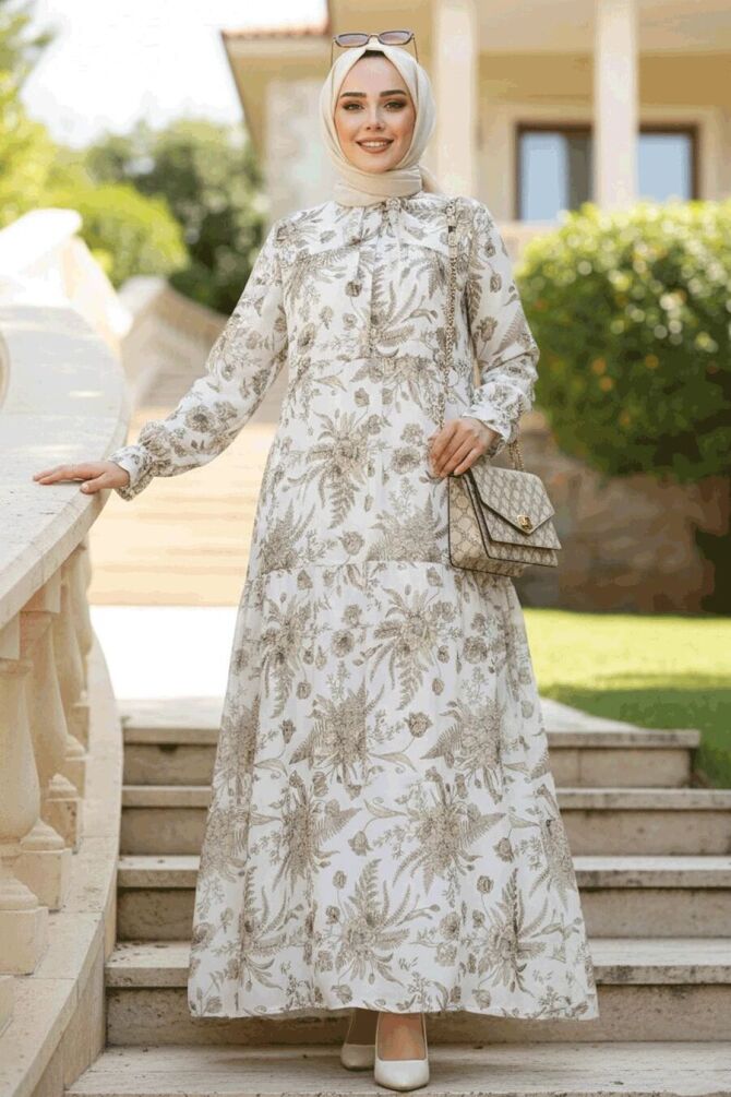 Modest Ecru Floral Dress 23603E - 1