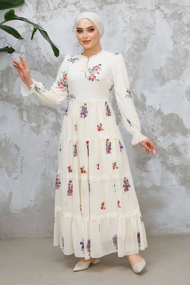 Modest Ecru Floral Long Dress 32815E - 4