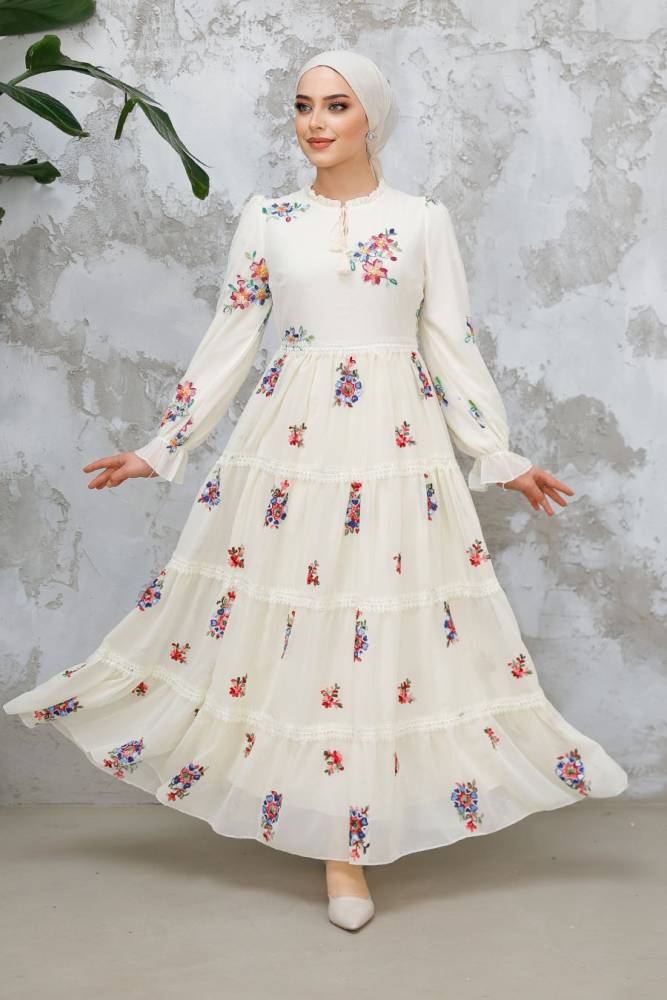 Modest Ecru Floral Long Dress 32815E - 2