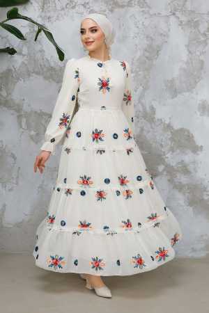 Modest Ecru Floral Long Dress 45541E - 3