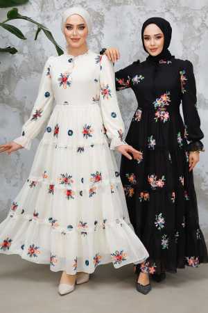 Modest Ecru Floral Long Dress 45541E - 6