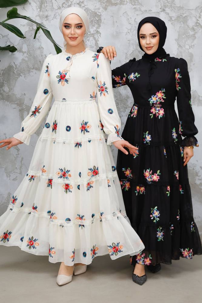 Modest Ecru Floral Long Dress 45541E - 6