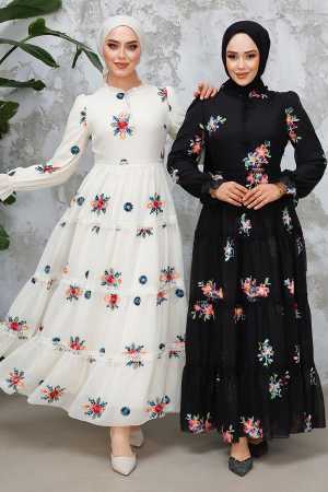 Modest Ecru Floral Long Dress 45541E - 5