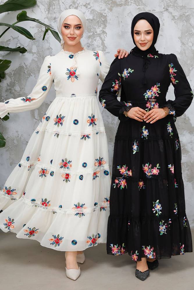 Modest Ecru Floral Long Dress 45541E - 5
