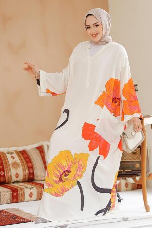 Modest Ecru Floral Long Sleeve Dress 183261E - 2