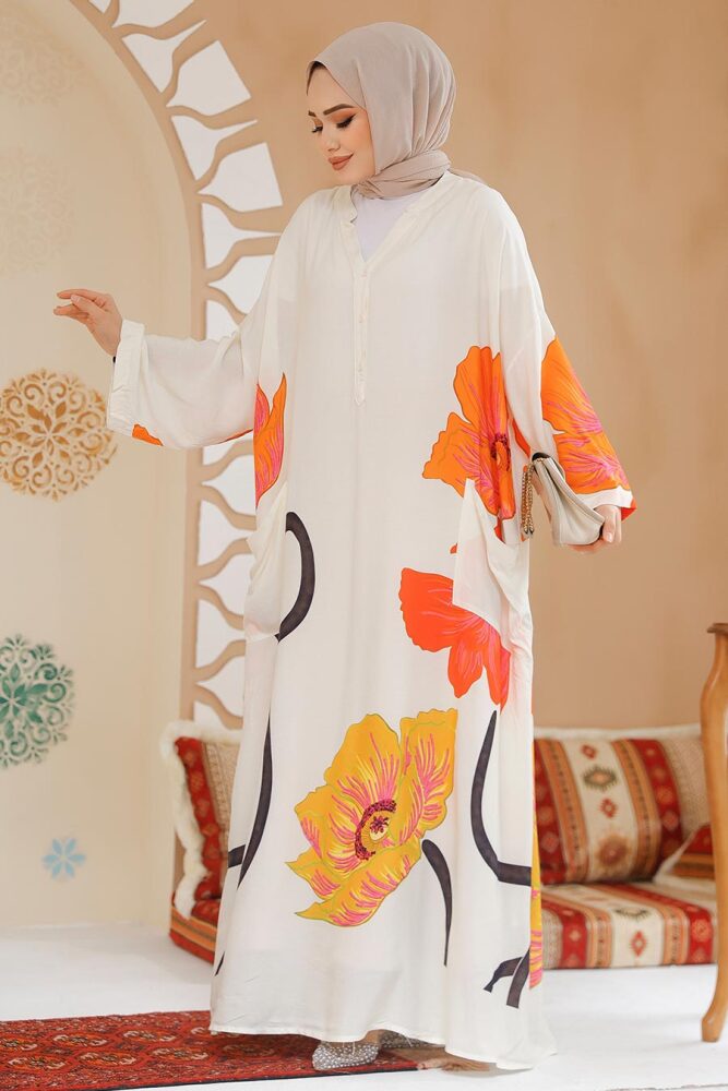 Modest Ecru Floral Long Sleeve Dress 183261E - 1